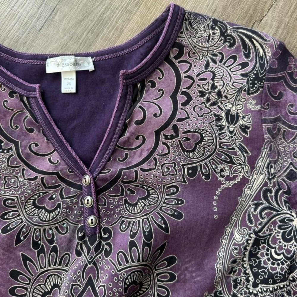 Y2K Dressbarn Henley Women's Plus Size 2X Purple Fairycore Paisley Indie Boho - Picture 5 of 8